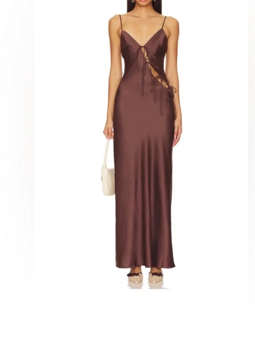 Lioness Chocolate Brown Satin Maxi Slip Dress with Front Lace-Up